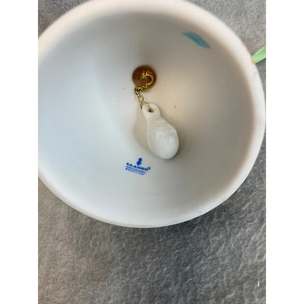 1988 Lladro Christmas Bell Ornament White Porcelain Green Ribbon Reindeer Sleigh